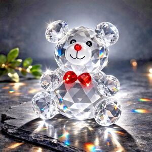 Clear Crystal Teddy Bear Figurine Black Eyes Red Nose Bow 3" Decor